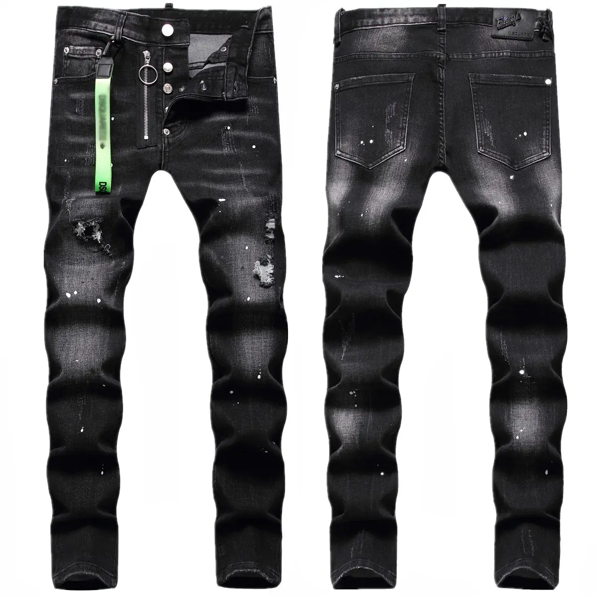 Manufactory Custom Style or Logo ODM Men's Casual Black Paint Ripped Straight Skinny Jeans Pants Streetwear Summer Hip-hop Style
