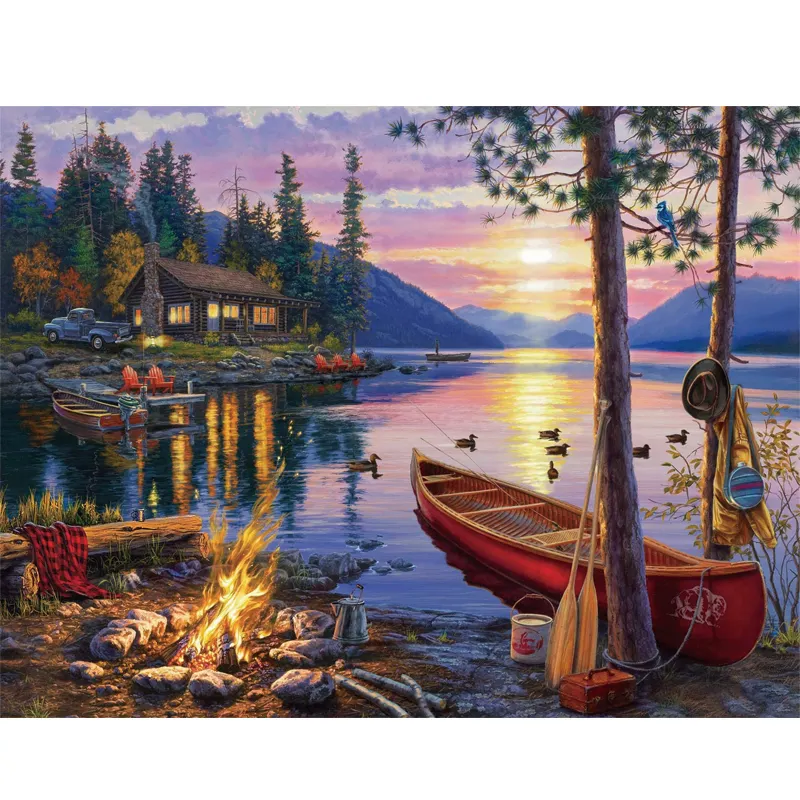 Full of Round Acrylic Drills Diamond Painting of a Warm Wooden House by Lakeside Home Decor Items for Living Room