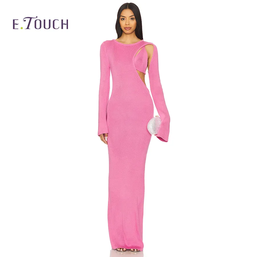 New Summer Knit Long Dress with Round Neck & Long Sleeves - Breathable Lace Design