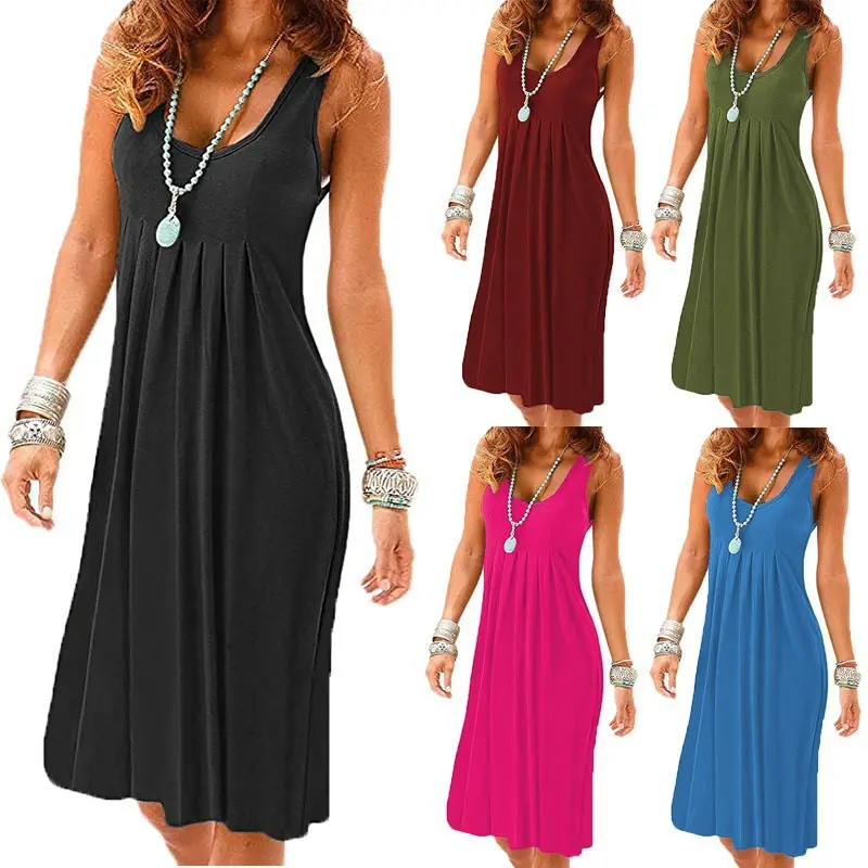 Women's Casual Summer Beach Vest Dress Loose Sleeveless Pleated Slimming Skirt