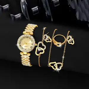 Hot-Selling Luxury Quartz Women's Jewelry Set CZ Inlay Digital Earrings Ring Necklace Watch-Fashionable Band Glass Dial Display