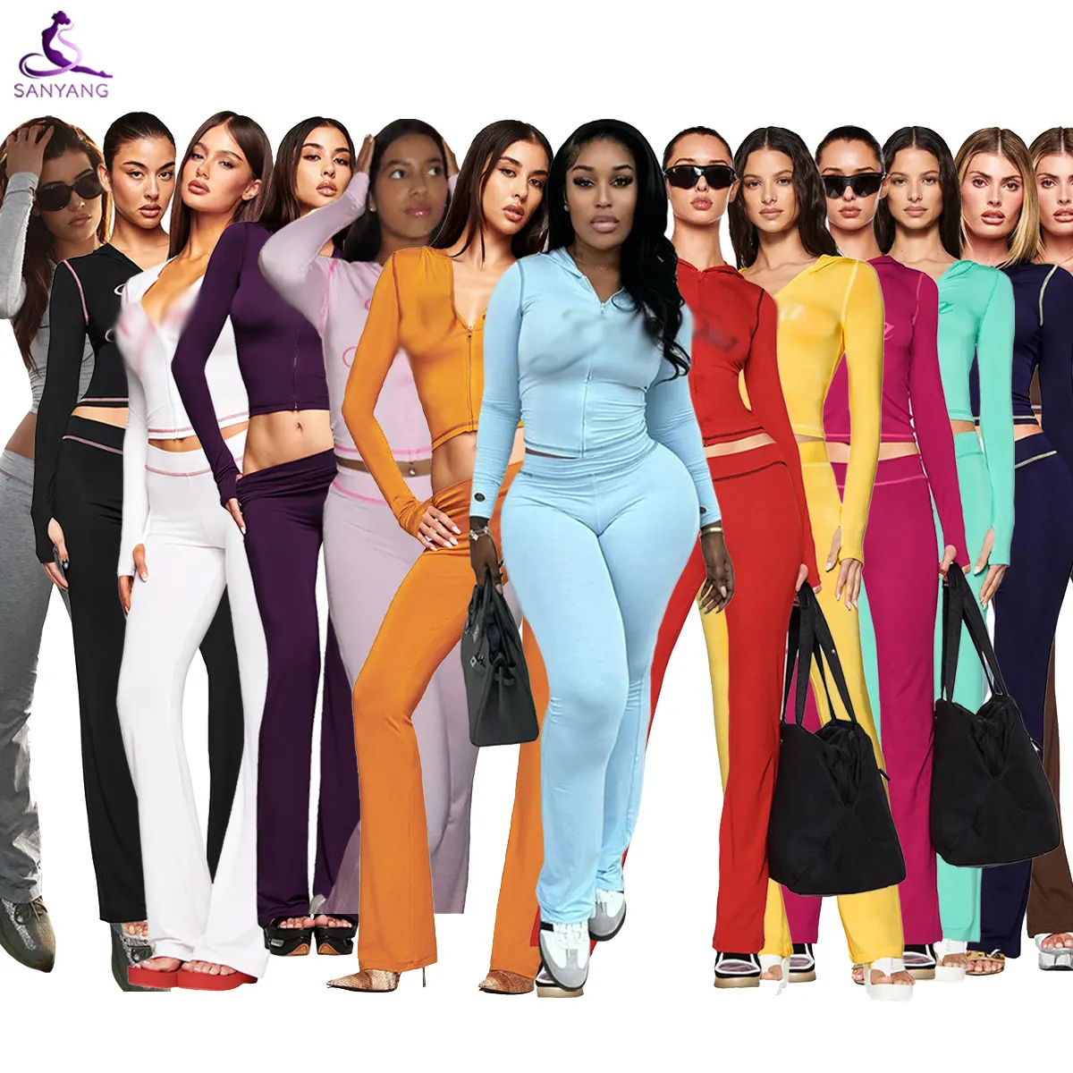 Hottie Sporty 2-Piece Set Women Hooded Zip Letter Print Crop Top and Flare Pants Stripe Sweet Sexy Stretch Skinny Outfits