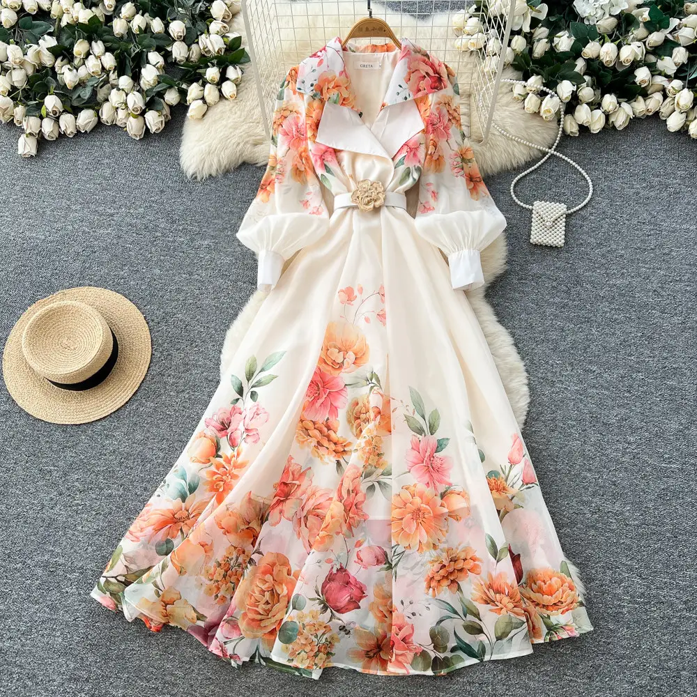 Women's Floral Maxi Dress:Notch Lapel Puff Sleeve, A-Line Chiffon Long Dress with Flower Belt, Elegant Spring Summer Party Dress