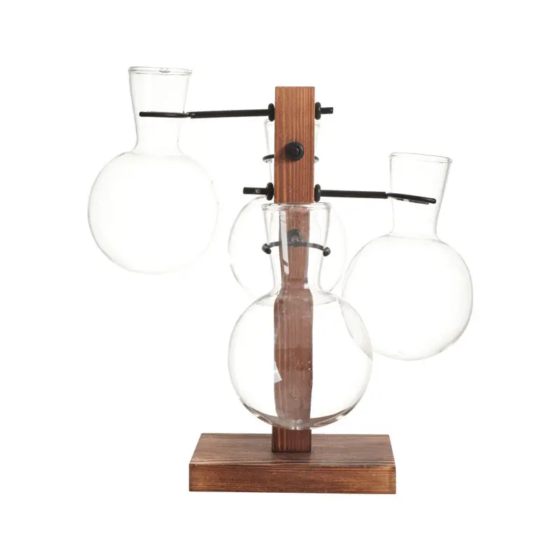 Factory Supply European Style Creative Hydroponic Wood Stand Glass Vase clear Glass Flower Arrangement Container