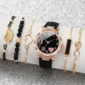 European and American Style Ladies' Diamond-Studded Dial Quartz Watch with Leather Strap Bead Necklace Gift Set