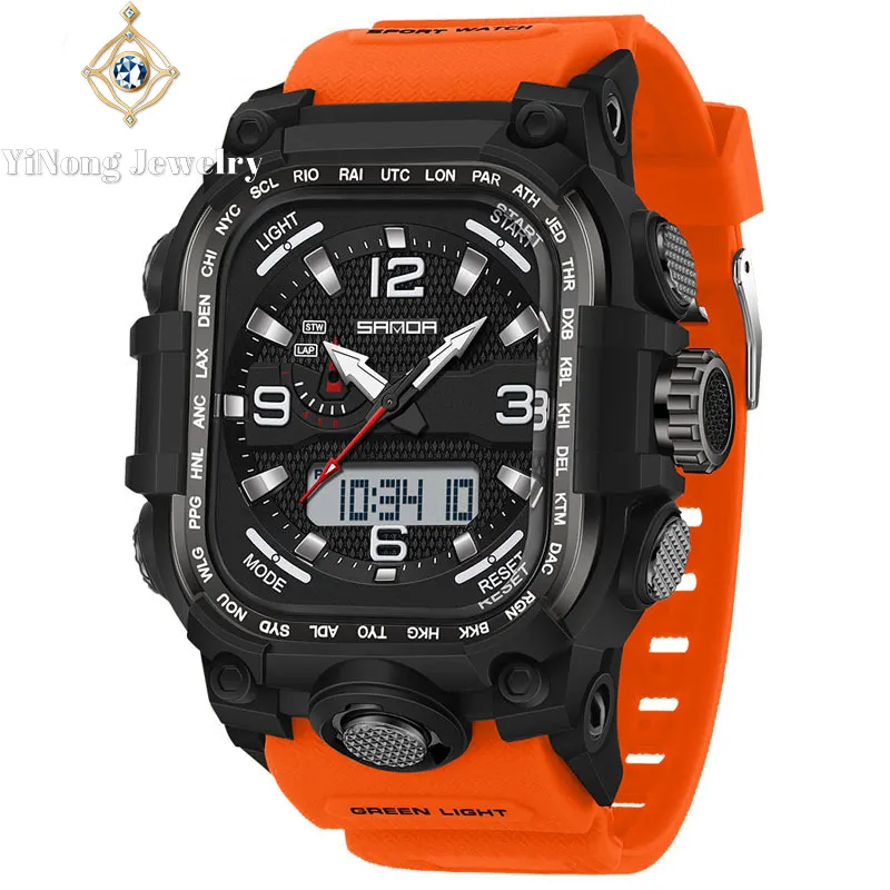 Multi-Functional Analog-Digital Sports Watch for Men Multi-Time Zone 50M Waterproof Square Acrylic Dial Wristwatch