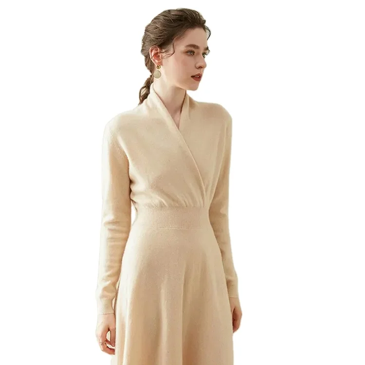 Wholesale Winter Long Sleeve Knit Dress French Style Custom Fall Elegant Casual Long Autumn Women Cashmere Sweater Dresses