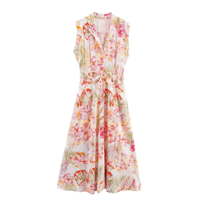 Breathable Woven Maxi Length Natural Waistline Sashes Casual Fashion Women's Sleeveless Floral Print Multi-Color Summer Dress