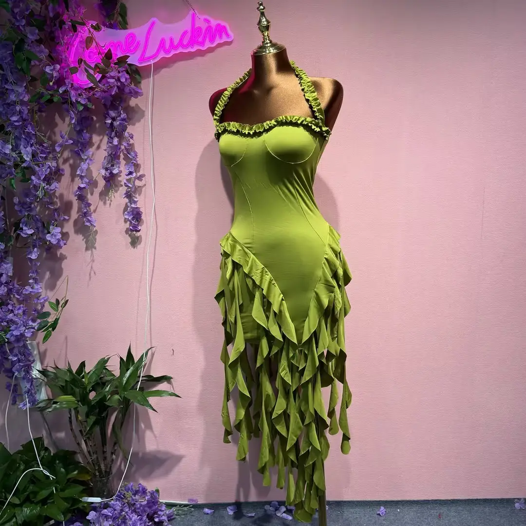 Comeluckin Women's Casual Summer Mini Dress Irregular Tassel Hem Halter Backless Sexy Solid Split Midnight Club Knitting Natural