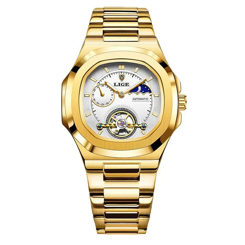 Luxury Business Mechanical Watch Single Tourbillon Men Square Stainless Steel Glass Charm Moon Phase Water Resistant