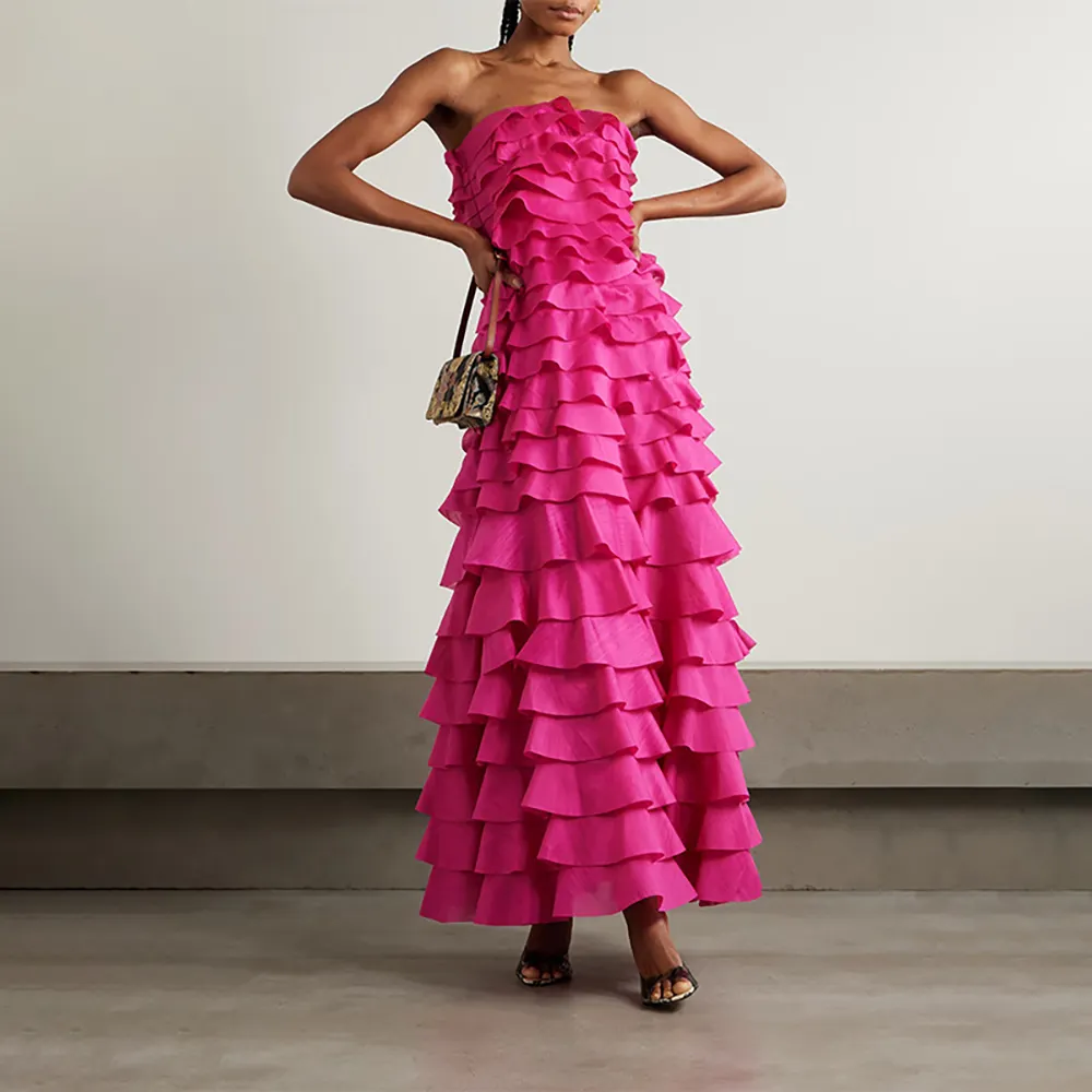 Solid Slimming Fashion Dresses for Women Strapless Sleeveless Patchwork Ruffles Fold Midi Dress Female Clothing New