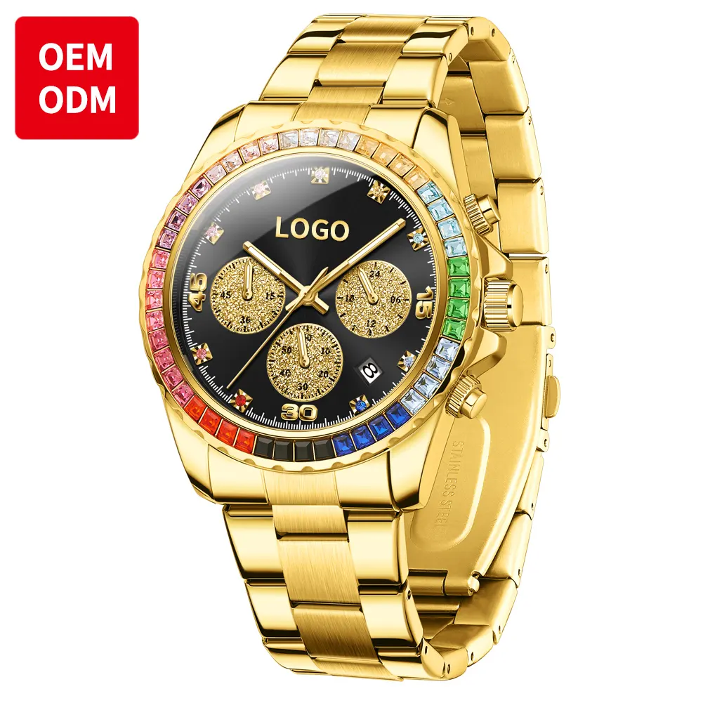 OEM 2939 Custom logo Stainless Steel Multifunctional Fashion Sports Watch Diamond Waterproof Quartz Watch for Man