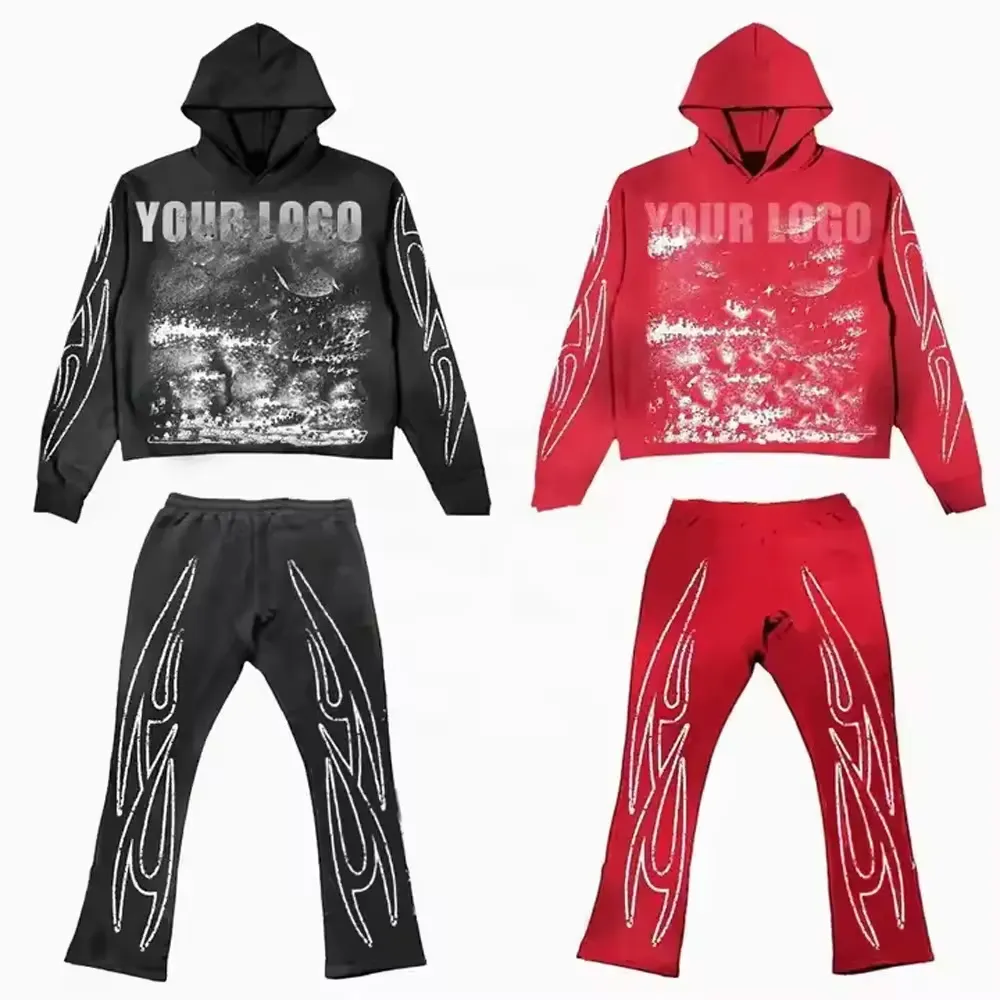 2025 Men's Custom Plus Size Acid Wash Winter Tracksuit Set Heavyweight DTG Silk Screen Printed Hoodie Rhinestone Technique Solid