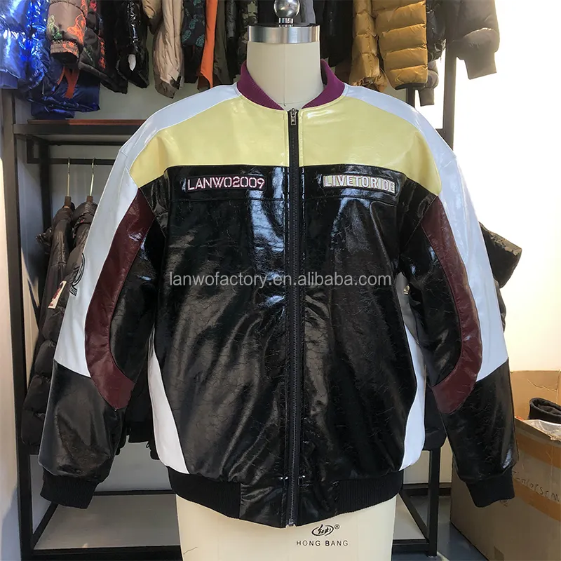 Lanwo Custom Leather Versity Jacket Oem Custom Streetwear Zipper Black White Jacket Chenille Embroidery Pu Leather Men Jackets