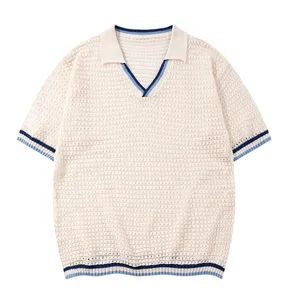 Custom Casual Logo V-Neck Knit Pullover 100% Cotton Solid Color Design Summer Short-Sleeve Knit Sweater for Men