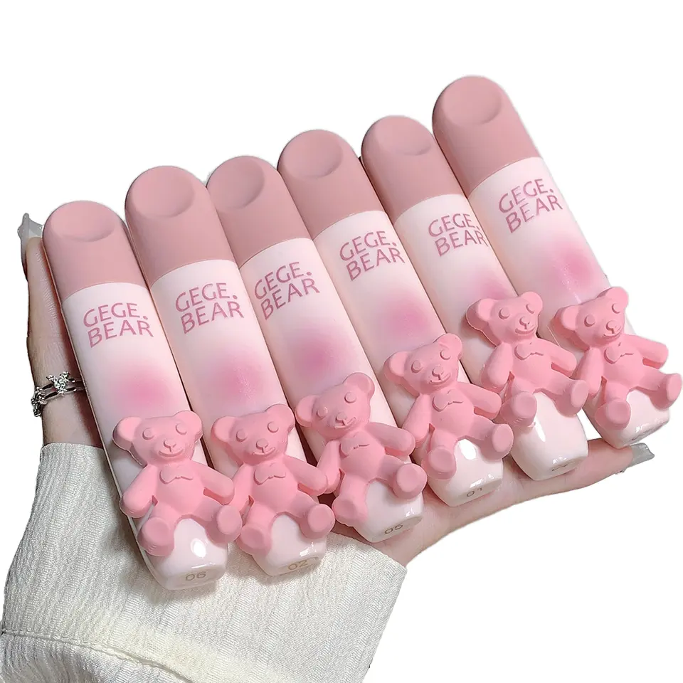 Custom Private Label Makeup Cute Bear Lipstick High Pigment Waterproof Long Lasting Non Sticky Matte Velvet Lip Gloss