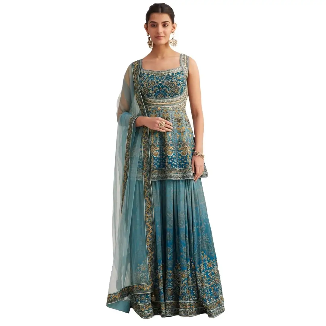 Blue Ombre Crepe Kurta Palazzo Set With Embellished Net Dupatta Wholesale Women Ethnic OEM Clothing Factory Supplier Outfit