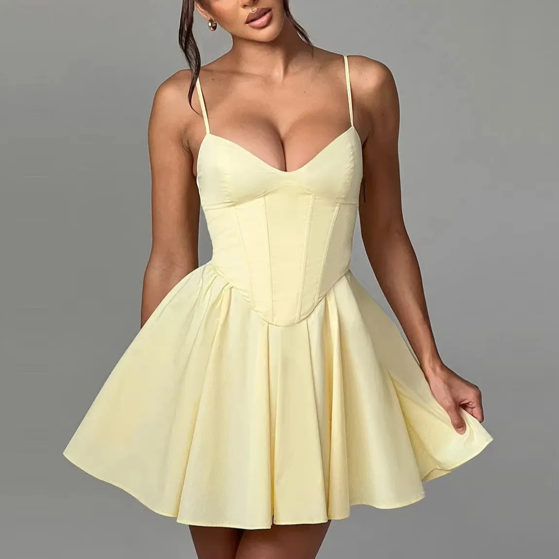 Wholesale Woven Mini Bodycon Solid White Yellow Slim-Fit V-Neck Casual Party Summer Sexy Women's Sling Dress SKINNY Fit