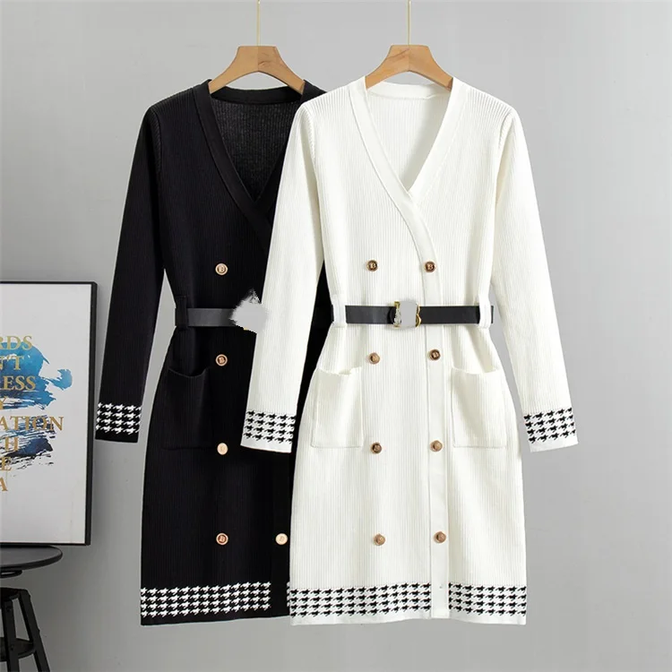 Spring Autumn Elegant Knitted Dresses Fragrant Long Sleeve Sweater Dresses