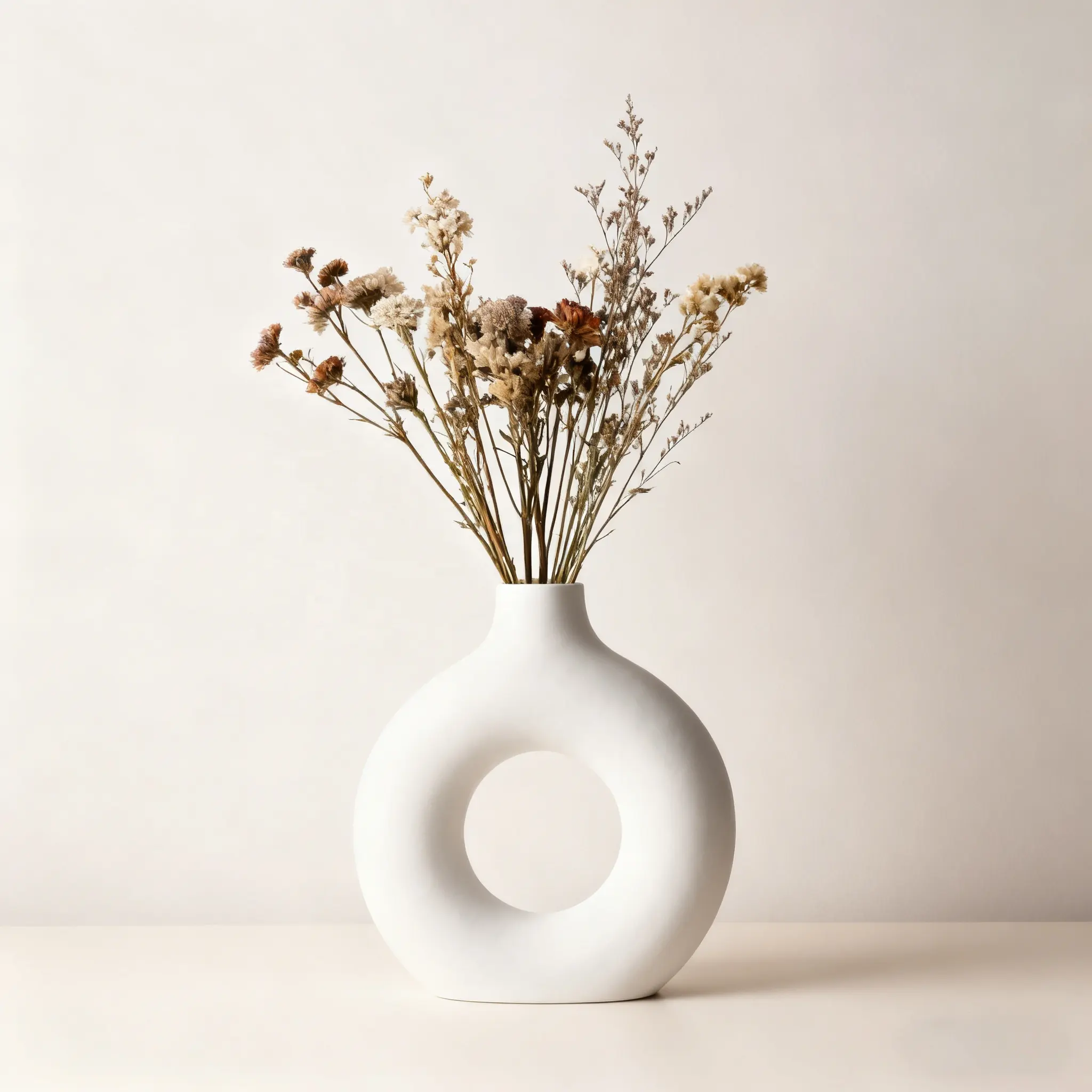 Donut Vase White Plastic Art Deco Unbreakable Lightweight Tabletop Vase for Home Decor and Dried Flower Display