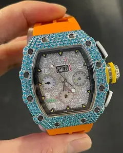 Hip Hop Square Alloy Quartz Moissanite Diamond Watch for Men's with Rubber Band Green Dial Automatic Movement