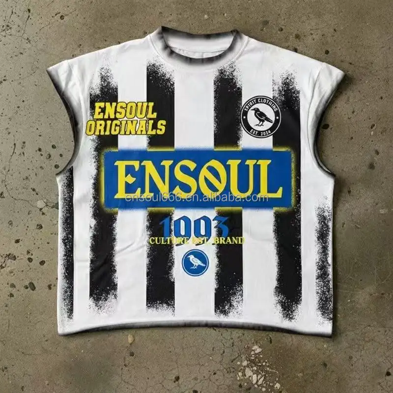 Men's Heavyweight Custom Sleeveless T-Shirts Spray Paint Striped Jersey Streetwear Spring Graphic Tee with Dove & Crow Print