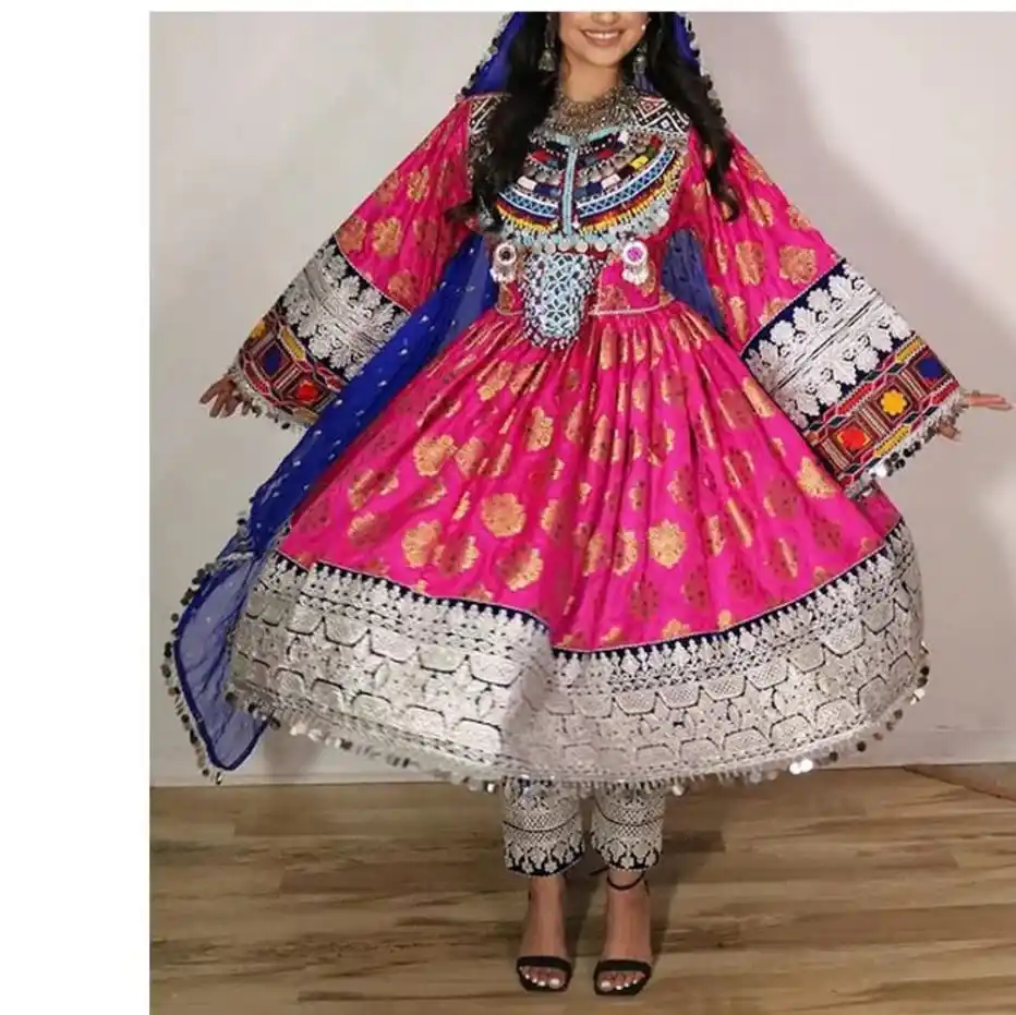 2025 Plus Size Women's Traditional Afghan Dress Customizable Colors Silk Salwar Kameez-All Sizes and Low MOQ