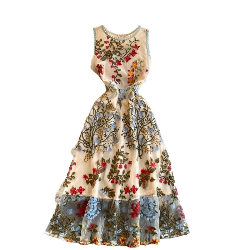 Women's Elegant Summer Sleeveless O-Neck Print A-Line Dress Breathable High Waist Dress Wholesale Embroidered Washable