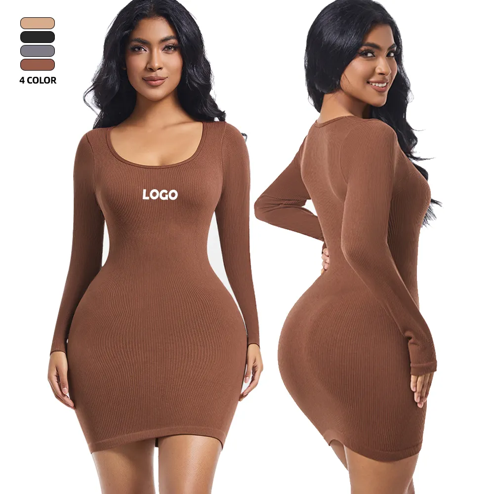 Slip Dress for Women Full Slip for Under Dresses Shapewear Tummy Control Long Sleeve Slip with Back Slit