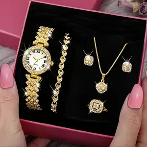Fashion Jewelry Sets New Full Diamond Luxury Bracelet Necklace Rings Earrings Watch Set Women's Quartz Watch