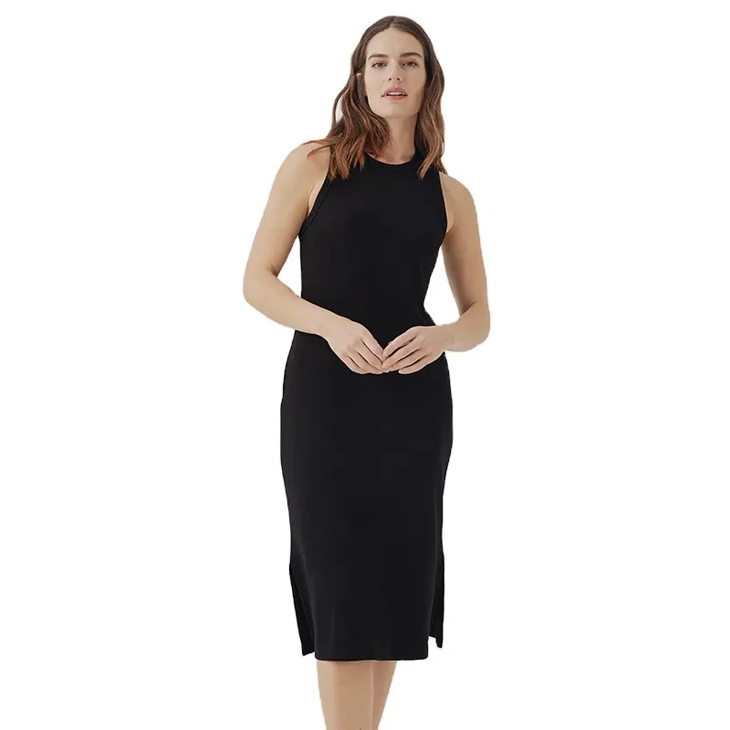 Custom Women's Basic Bodycon Midi Dress Crewneck Sleeveless Casual Summer Autumn Eco-Friendly Natural Organic Bamboo Viscose