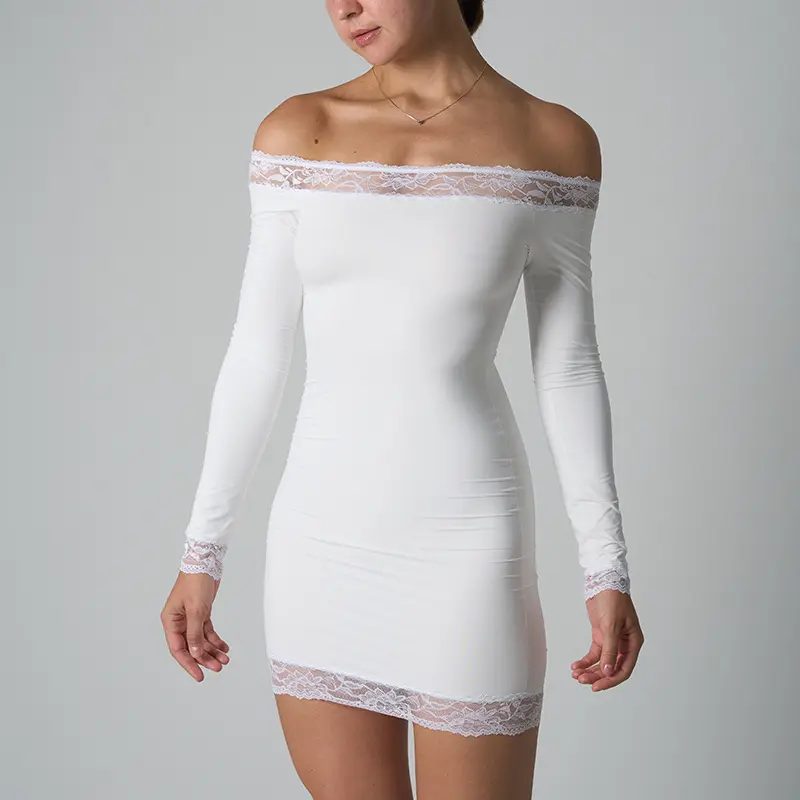 SK1344 Sexy Lace One-shoulder Dress Solid-color Long-sleeved Lace Short Skirt for Women Skinny Comfortable Dress