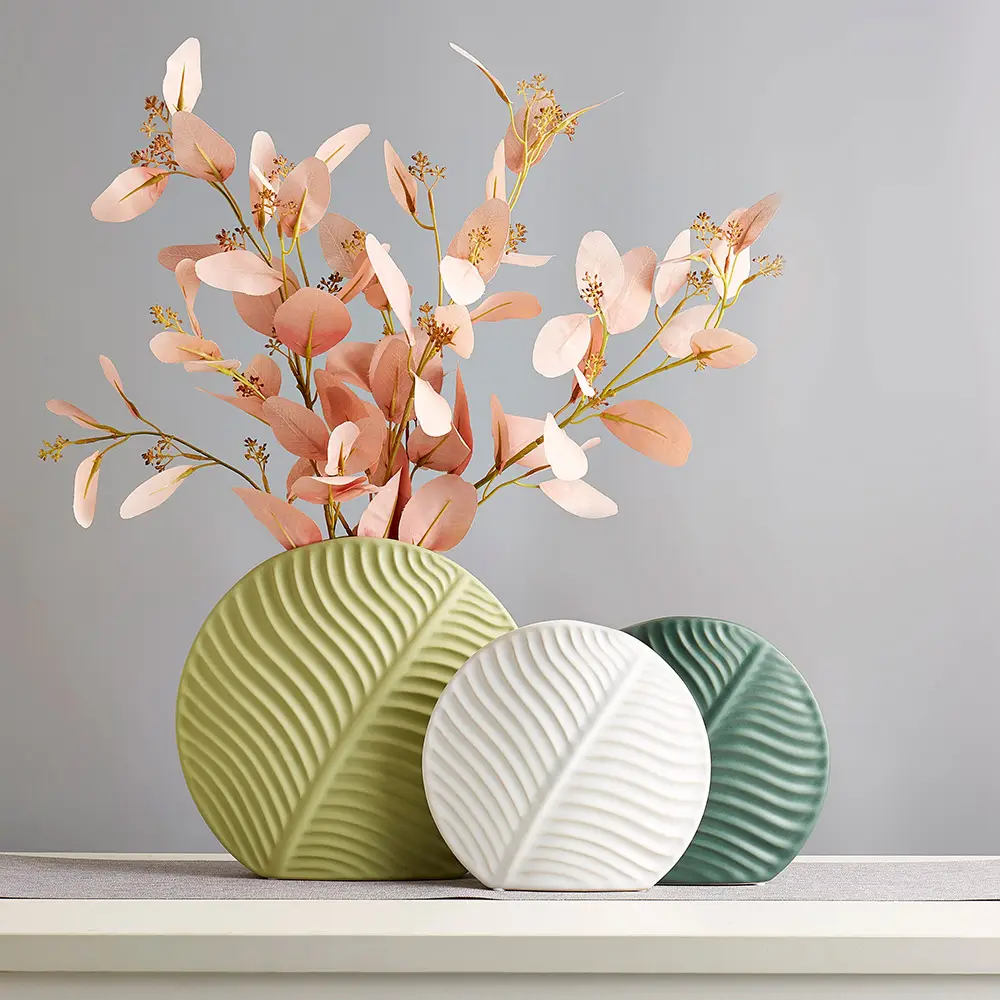 Nordic Home Decoration Living Room Ceramic Round Flat Leaf Flower Vase Wedding Vase Decoration Household Office Decor Gifts