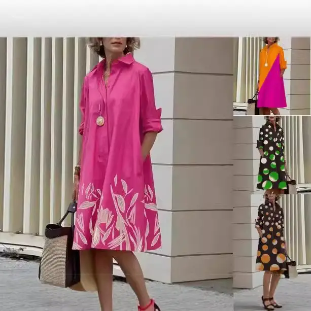 Women Clothing New Ladies Dresses Women Lady Elegant Temperament Lapel Midi Print Simple Midi Sleeves Shirt Dress