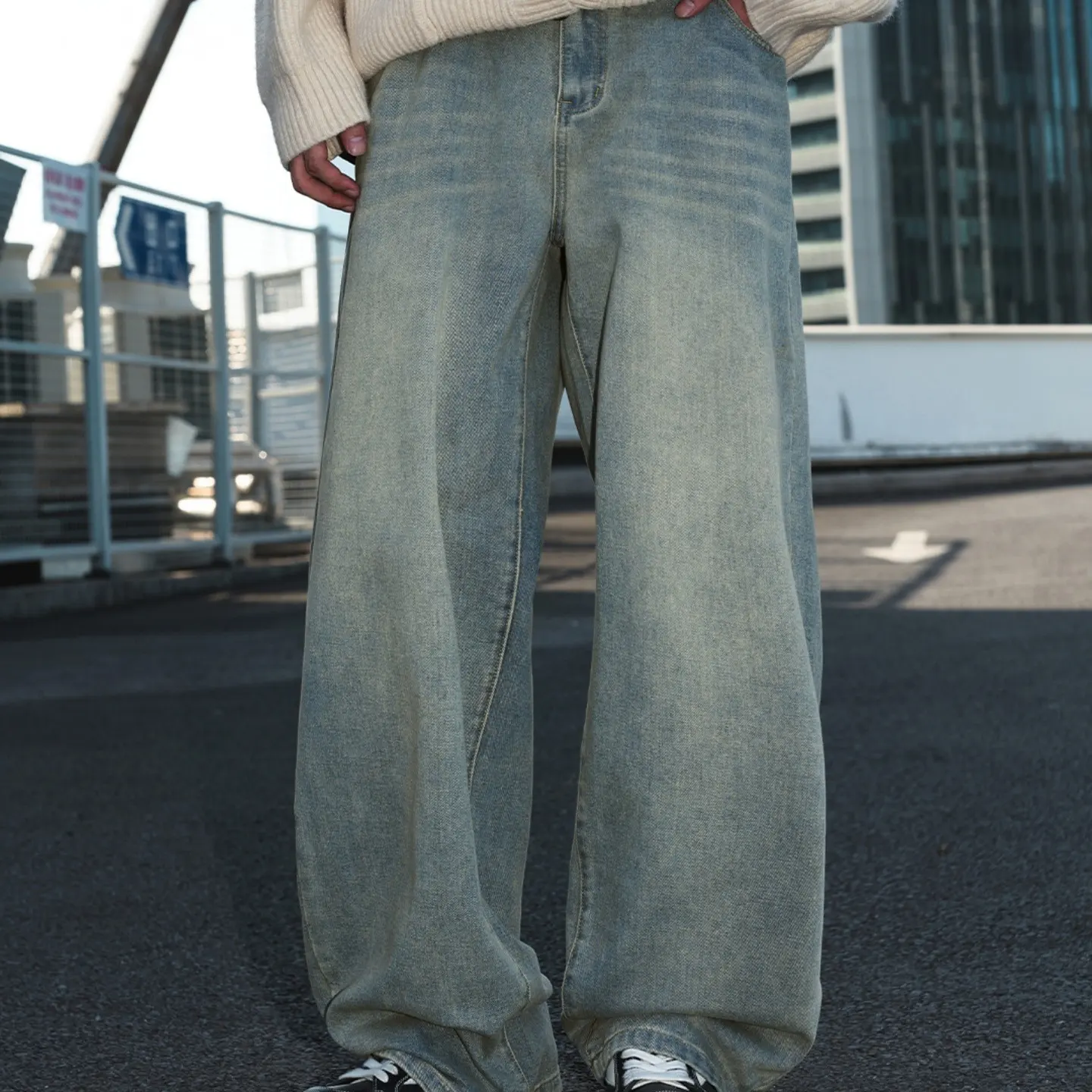 Vintage Washed Distressed Straight Leg Jeans Men Relaxed Fit Retro Blade Cut Denim Pants Urban Streetwear Solid Winter 3D Print