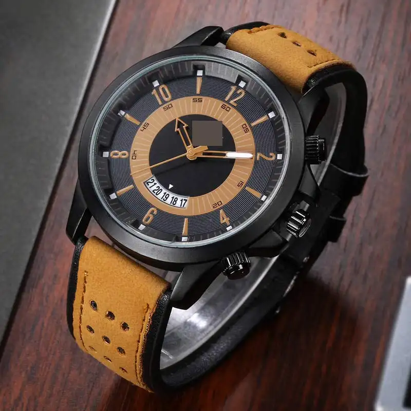 Fashionable Men's Quartz Watch with Personalized Sporty Leather Strap and Military-style case