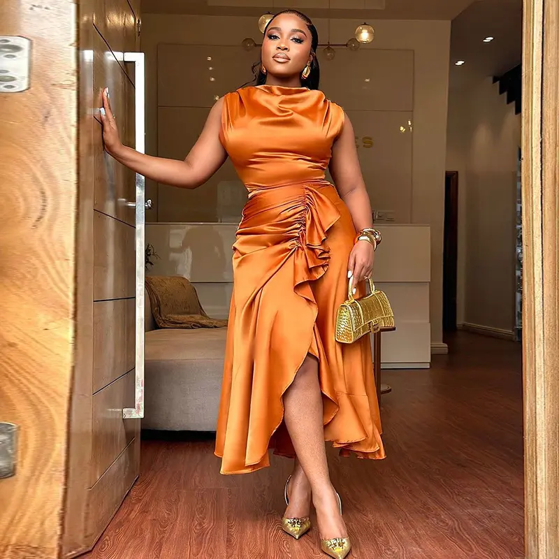 New Style Temperament Sleeveless Slim Ruffled Mid-length casual Irregular ruffle one-piece Summer one piece Dress for women