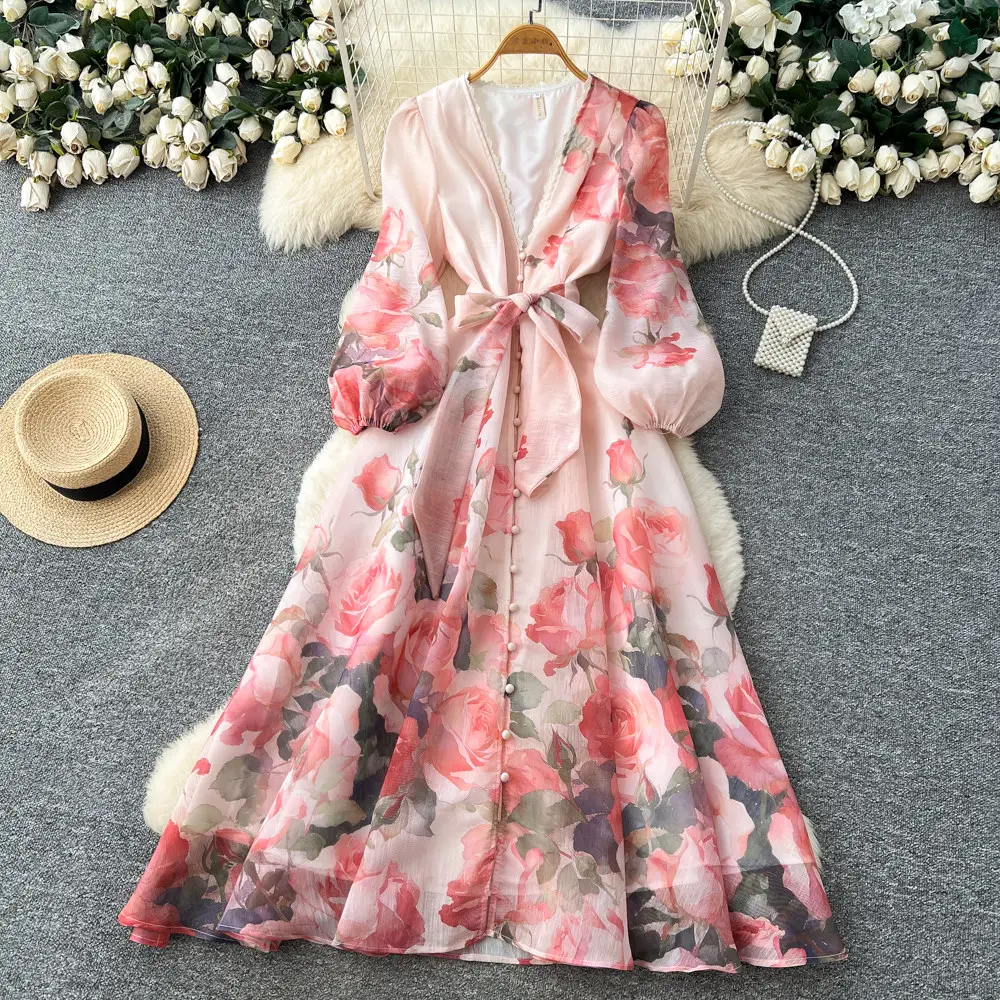 Clothes Women Dress Women's Floral V-Neck Sleeve Dress Waist-Defining A-Line Office Dress Wholesa Casual Dresses For Women