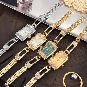 Rectangular Watch for Women with Diamond Accents Alloy Case Elegant Quartz Wristwatch