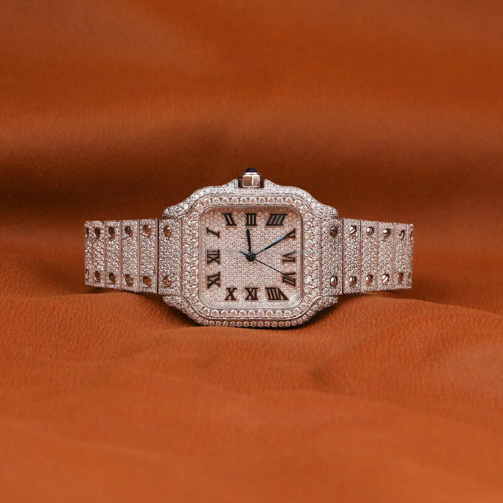 Custom Luxury Mechanical Watch Hip Hop Style Full Iced Square Moissanite Diamond Classic Date Dial Black Roman Stainless Steel