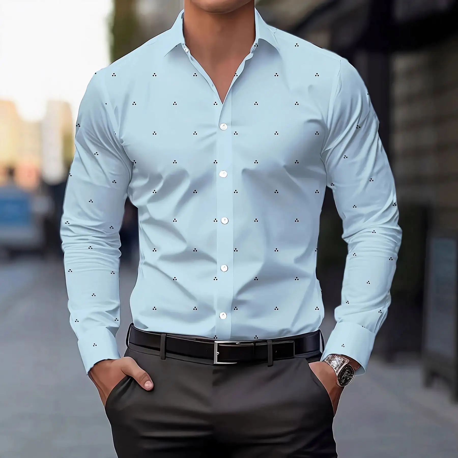 The New Men's Shirts Are Casual and Versatile, Simple and Elastic Printed Poly-Dot Long-Sleeved Shirts