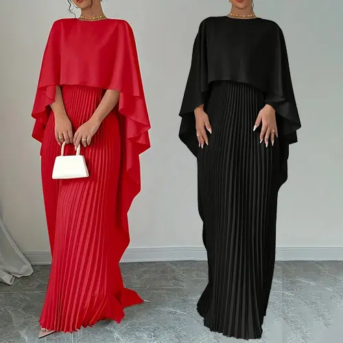 Solid Color Red Long Floor-Length Long Sleeves Elegant Maxi Pleated Dress Sets 2 Pieces for Women Ladies Evening Dinner Parties