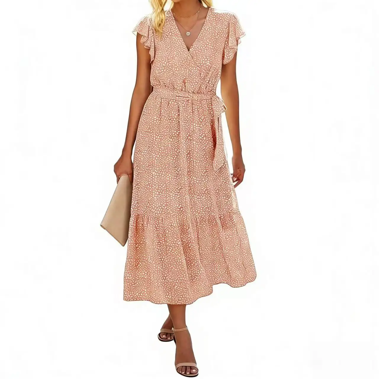 Elegant Sweet Women's Summer Dress V-neck Ruffled Sleeveless Floral Chiffon High-Waisted Slimming DressA-line Dress