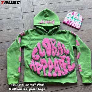 High Quality Oversized Puff Print Men'S Sweatshirt Pullover Custom Logo Graphic Drop Shoulder Heavyweight Plain Blank Hoodie