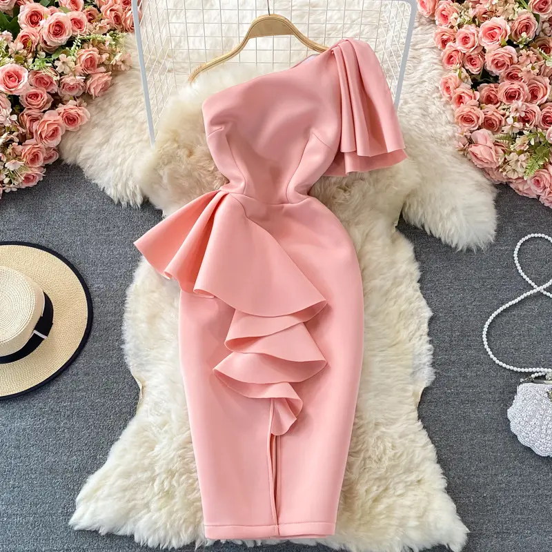 Summer Trending Casual Ruched Bodycon One Shoulder Luxury Women Elegant Dresses With Slit