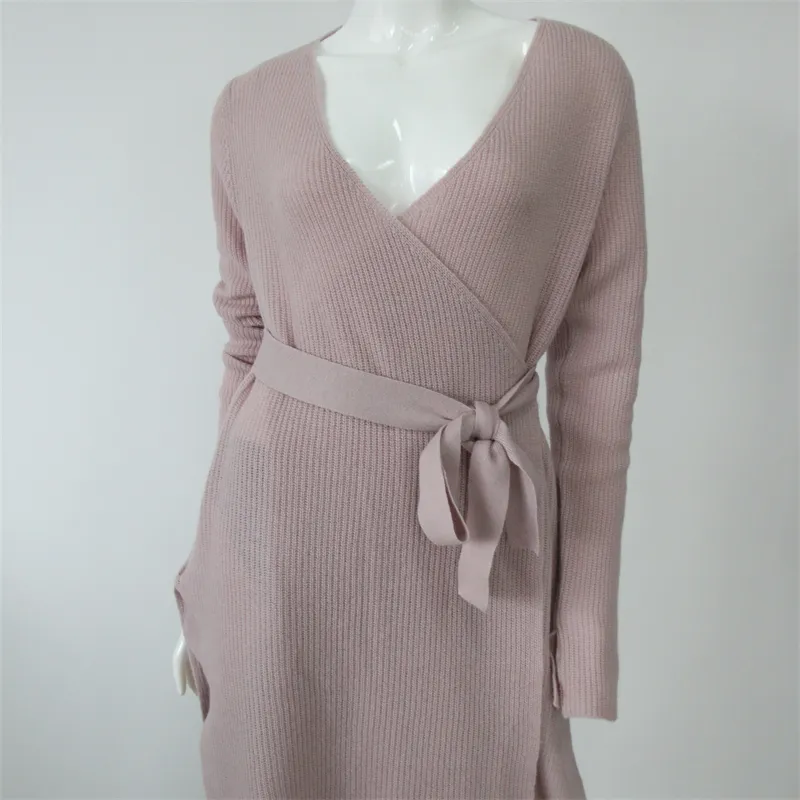 Luxury Cashmere Wool Blend Knitted V Neck Natural Waist Fit and Flare Wrap Knee-Length Dress for Women with Belt