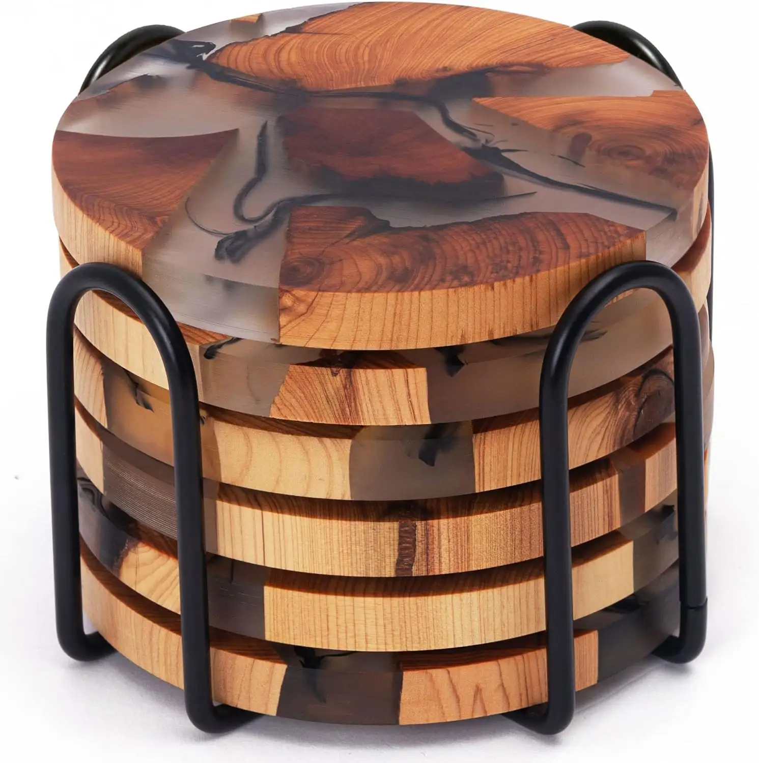 High Quality Modern Design Wood Resin Coasters Set With Table Holder Epoxy Drink Coasters for Tea Coffee Cups