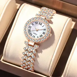 Fashion Luxury Business Rhinestone Women's Quartz Watch with Pointer Dial 42mm Roman Numeral Bracelet Style