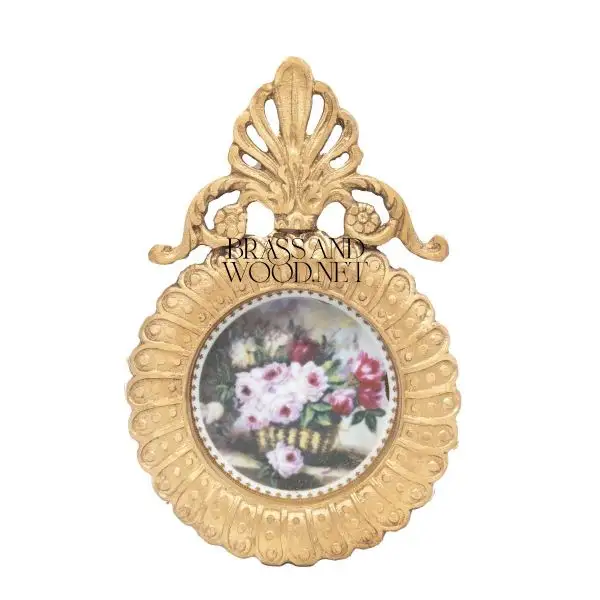 antique brass decorative round frame with porcelain painting of floral basket vintage aged artwork classical luxury home decor