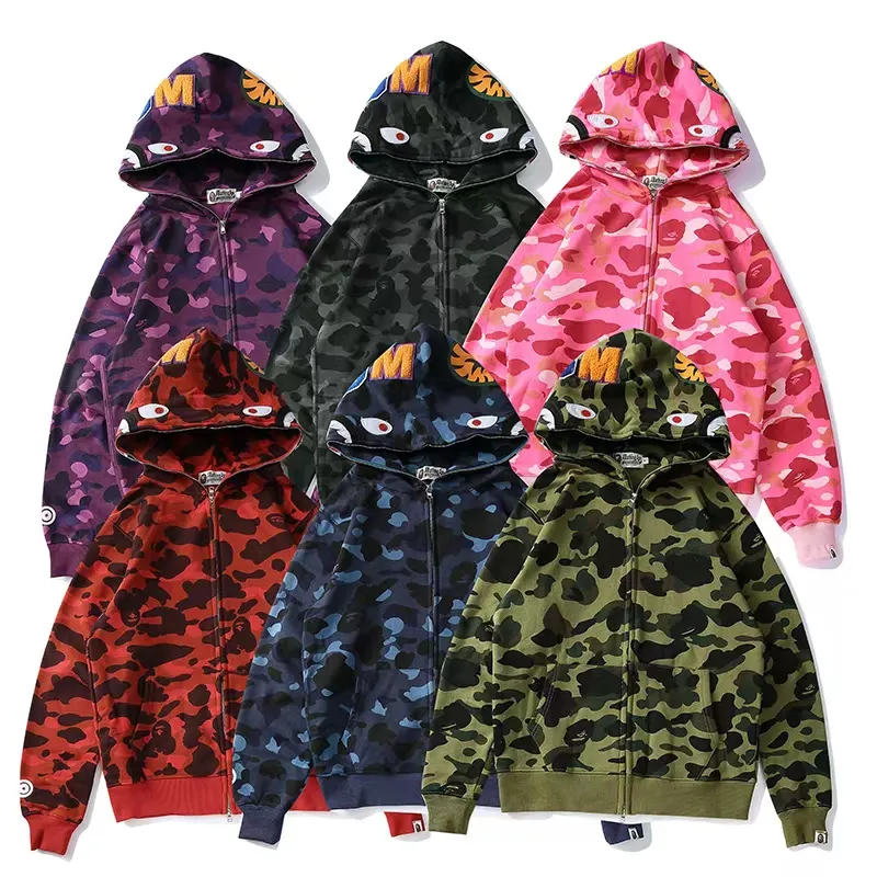 Full Zip up Shark Hoodie Camouflage Cotton Polyester Custom Logo Sweatshirt Supplier Men's Hoodies